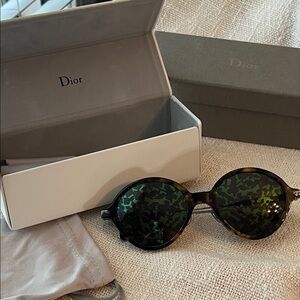Dior Tortoiseshell Round Sunglasses with Green Patterned Lenses